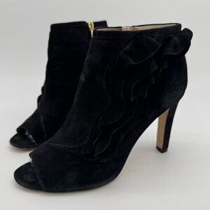 Louise et Cie Black Suede Leather Ruffle Open Toe Heel Bootie Size 10
